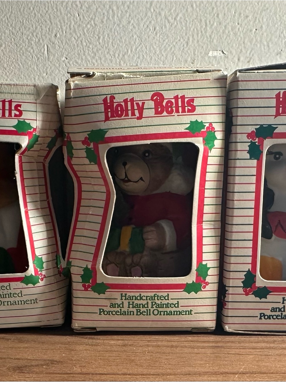 Holly Bells Hand Painted Porcelain Bell Ornaments Set of 5 Multicolor Christmas